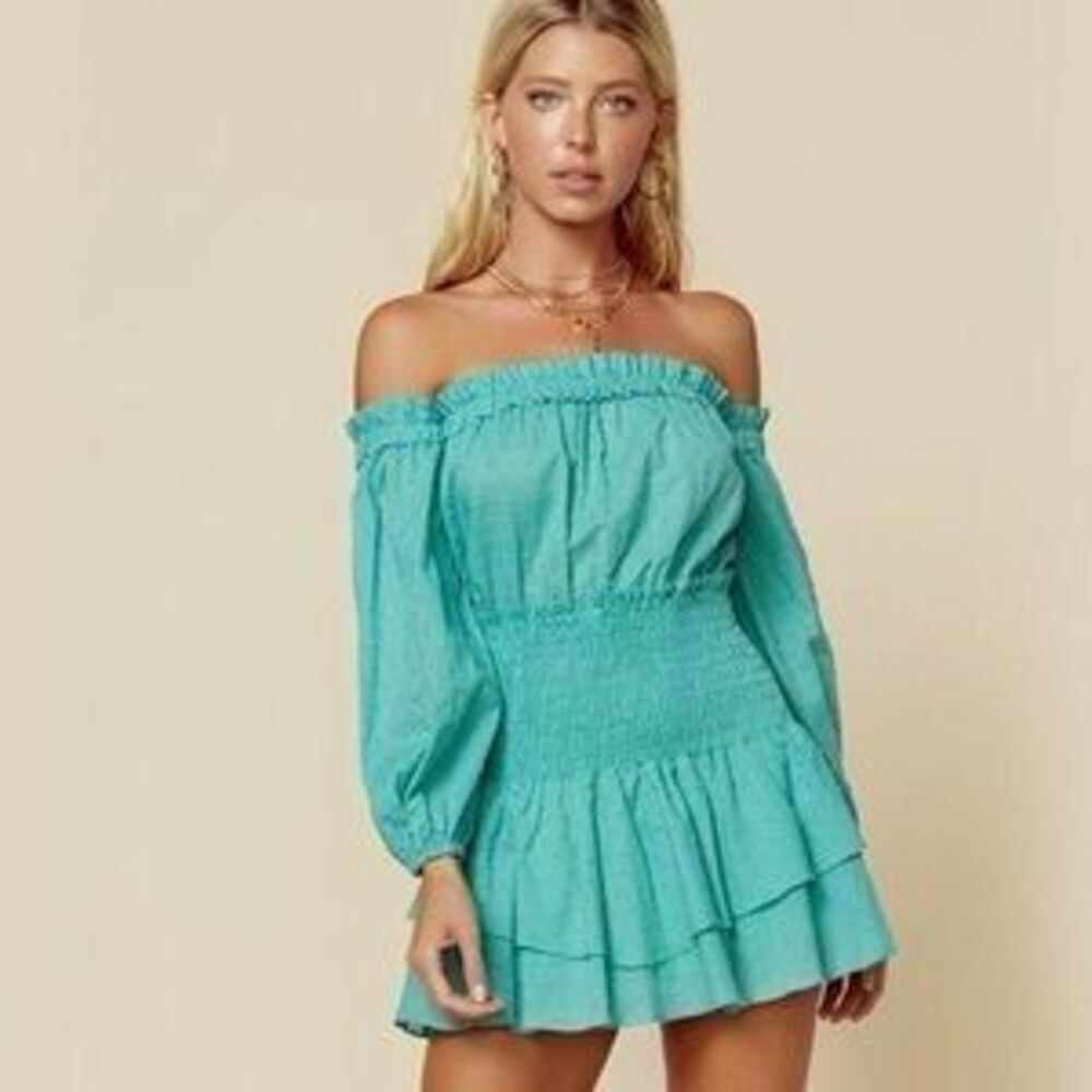 Rays for days mini dress teal blue off shoulder ruched size M